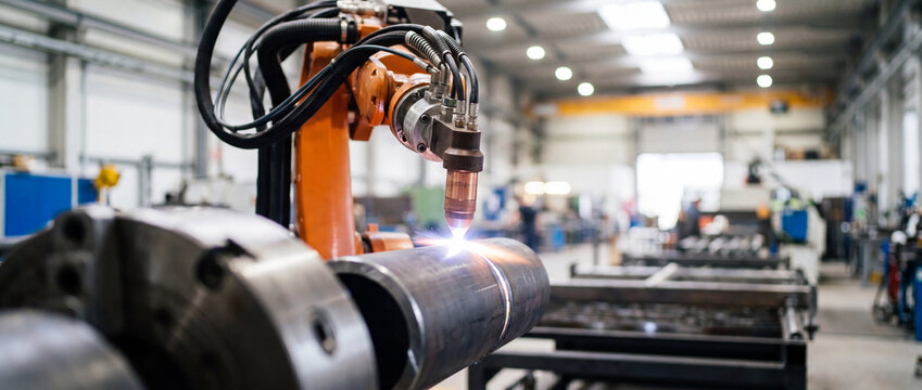 Robotic welding arm performs precision weld on a steel pipe inside a bright, modern manufacturing plant, showcasing industrial automation, metal fabrication, production efficiency