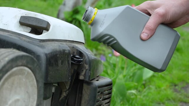 Filling a cultivator with motor oil and servicing garden equipment