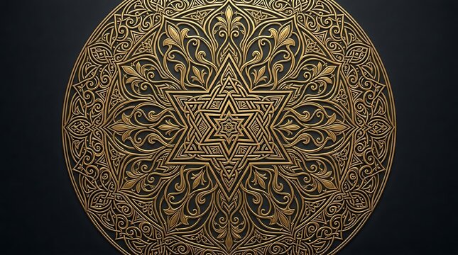 Golden Star of David Mandala with Floral Motifs geometric