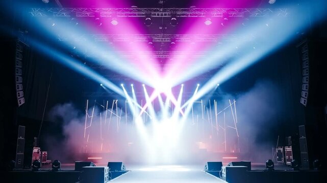 Dynamic stage lighting with moving beams and haze for concert events 4K Ai HD high quality video.