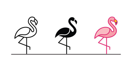 Obraz premium Three stylized flamingo vector graphic icons featuring outline silhouette and vibrant pink color design elements