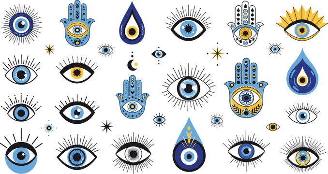 Mystical eye and hamsa collection, spiritual protection symbols, boho design with stars and moon, esoteric art concept for magic theme - flat vector illustration