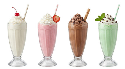 Four assorted milkshakes with whipped cream toppings, isolated on transparent background © PNG Lab