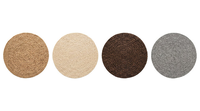 Four round braided natural fiber placemats set, isolated on transparent background