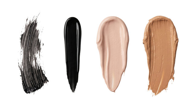 Cosmetic makeup liquid foundation and mascara swatches, isolated on transparent background