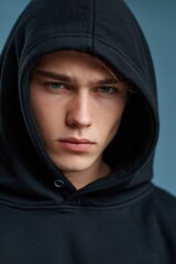 Naklejka premium Young man wearing black hooded sweatshirt serious gaze portrait