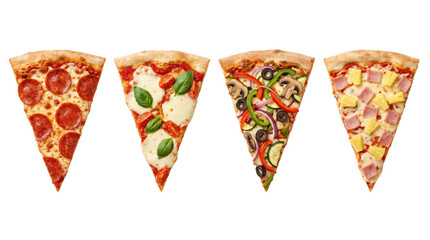 Delicious assorted freshly baked pizza slices set isolated on transparent background