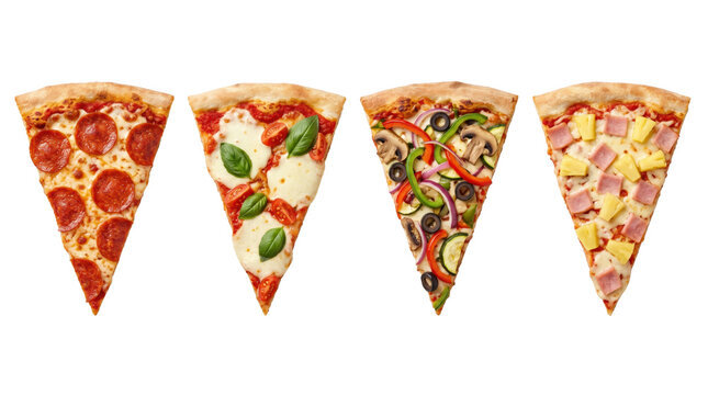 Delicious assorted freshly baked pizza slices set isolated on transparent background