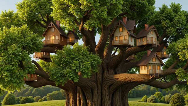 Enchanting village of treehouses nestled in the branches of a giant, ancient tree, representing community living, sustainable lifestyle, and fairytale concepts