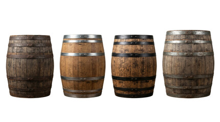 Fototapeta premium Assorted rustic wooden barrels and whiskey casks set, isolated on transparent background