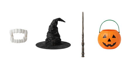 Spooky Halloween costume props and decorations set, isolated on transparent background