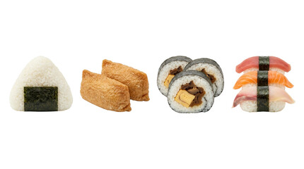 Assorted Japanese sushi and onigiri collection, isolated on transparent background © PNG Lab