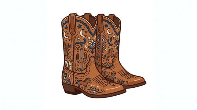 Pair of detailed brown cowboy boots with intricate western designs.