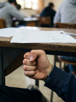 Stressed student fist clenching on classroom desk during difficult exam