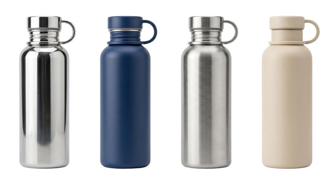 Reusable insulated stainless steel water bottles mockup set, isolated on transparent background