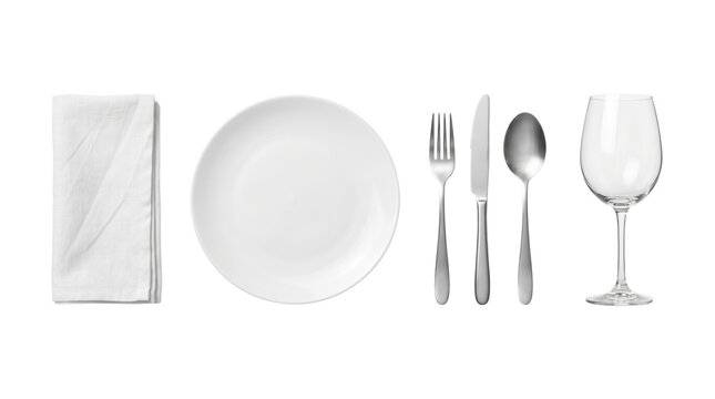 Elegant white plate and silver cutlery setting on transparent background