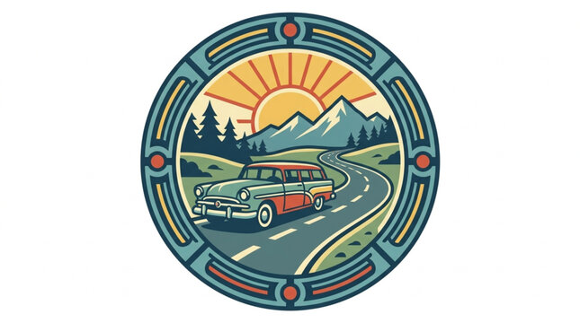 Vintage car driving on a winding road through mountains at sunset.