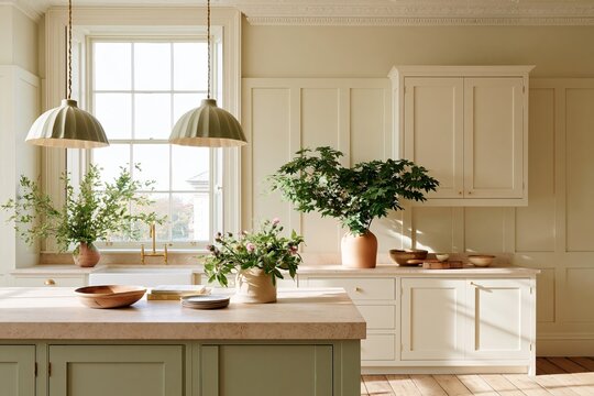 Modern kitchen with warm cream painted panelled walls, green cabinetry, pendant lights, and natural elements including plants and wooden bowls on a countertop