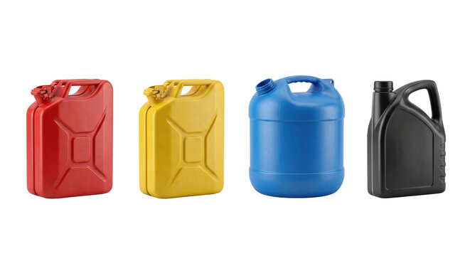 Assorted industrial liquid and fuel canisters on transparent background