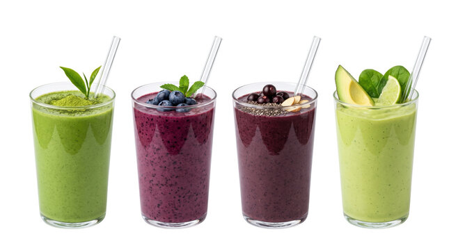 Four healthy colorful fruit smoothies set, isolated on transparent background