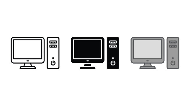 Minimalist vector illustration of a desktop computer set featuring three distinct styles for modern design