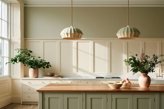Modern kitchen interior featuring warm cream painted panelled walls, green cabinetry, wooden countertop, and decorative plants in elegant vases under stylish pendant lighting