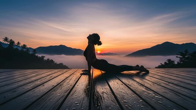 Woman practicing yoga cobra pose at sunrise over misty mountains 4K Ai HD high quality video.