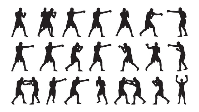 A collection of boxing silhouettes depicting various fighting poses against a white background silhouette fighter combat sport athlete punching sparring training