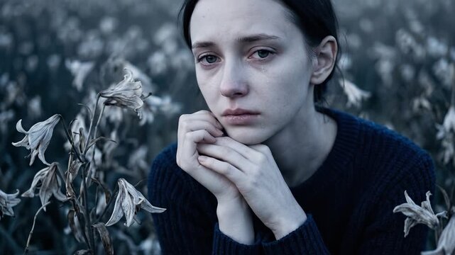 A tearful woman clasps her hands among withered white lilies. Her red eyes and the decaying flowers convey a profound sense of mourning, fragility, and heartbreaking sorrow.