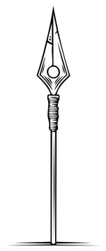 Intricate ink drawing of an ancient spear with a sharp arrowhead resting on the ground conveying a sense of historical weaponry and warrior culture