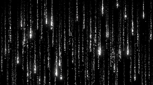 Digital Matrix Pattern with Binary Code Glitch Effects on Dark Background