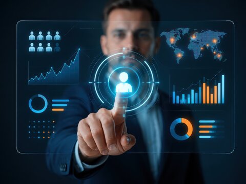 Man Touching Futuristic Holographic Interface: A businessman in a suit interacts with a glowing, futuristic holographic display filled with charts, graphs, and global data.