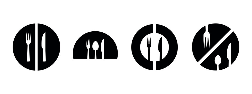 Restaurant cutlery icons, fork knife spoon plate circle set