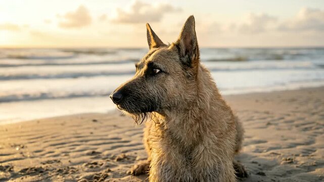 belgian laekenois close up on the beach golden light video, dog, ostend belgium