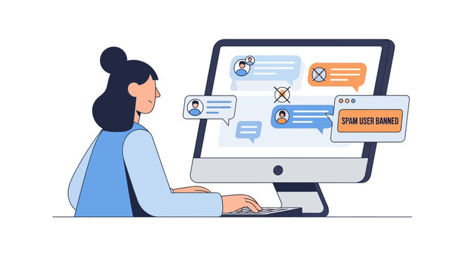 Female Content Moderator Managing Social Media Chat and Banning Spam Users on Desktop Computer Screen Illustration