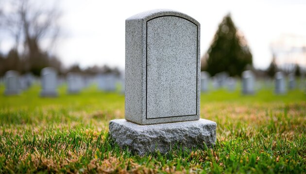A solitary, weathered granite headstone stands in a grassy cemetery under soft light