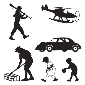 Silhouettes of people engaged in various activities and transportation with silhouette peo