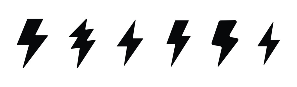 Set of Lightning Bolt Icons. A collection of seven black lightning bolt icons, representing power, energy, and speed. Electric symbol, thunder bolt, flash, power sign.