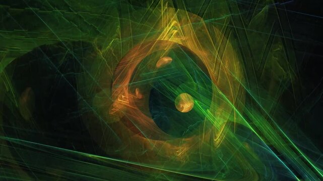 Abstract Futuristic Green and Gold Fractal Shapes with Dynamic Moving Lines