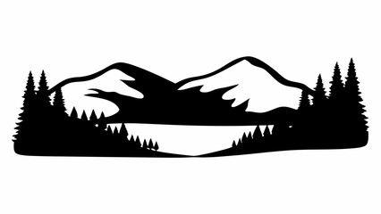Fototapeta premium Black silhouette of a mountain landscape with trees and a lake