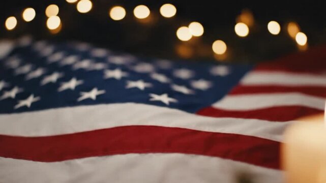 American flag with glowing candles and bokeh lights for memorial day