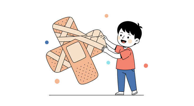 Child holding large band-aids, illustrating first aid, care, and childhood boo-boos with a friendly cartoon style.