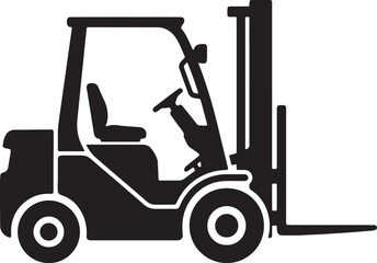 Fototapeta premium Black and white silhouette of an industrial forklift truck, side view isolated on a white background, for warehouse also, transparent background
