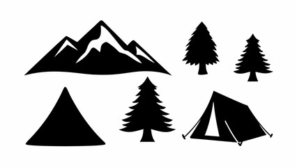 Fototapeta premium Black silhouettes of mountains, trees, and a tent