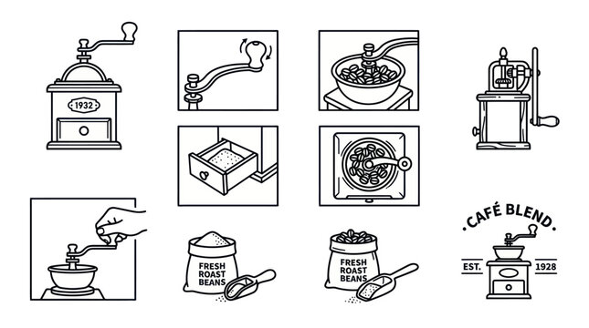 Manual coffee grinding process and cafe brand logo designs.