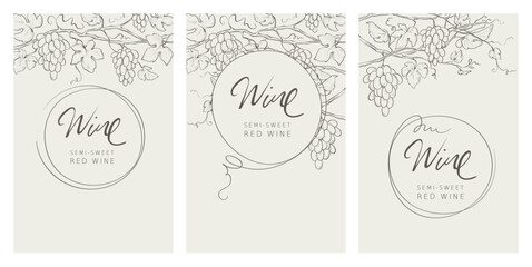 Obraz premium Collection labels for wine. Graphic vector illustration, sketch with bunches of grapes in lines, author's hand drawing.