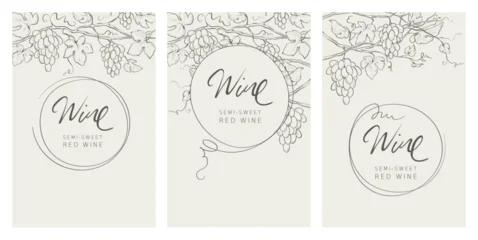 Collection labels for wine. Graphic vector illustration, sketch with bunches of grapes in lines, author's hand drawing. © imagination13
