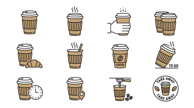 Set of coffee cup and cafe takeaway line icons.