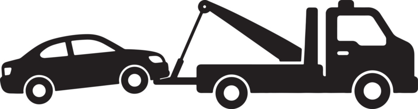 Black silhouette of a tow truck carrying a sedan car isolated on a white background, for roadside assistance, and also transparent background
