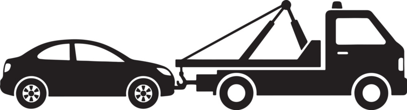 Black silhouette of a tow truck pulling a passenger car isolated on a white background, for roadside assistance, and also transparent background